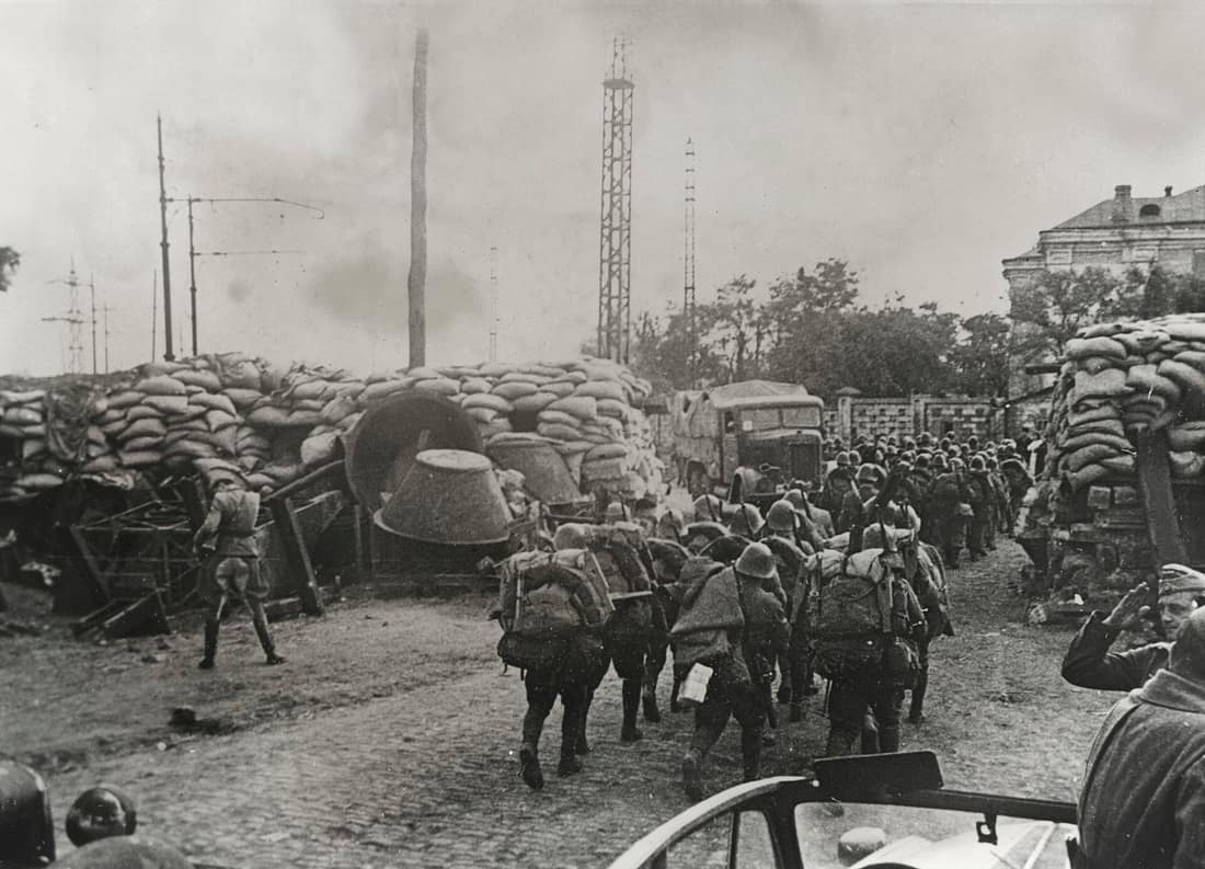Romanian soldiers march into the port city of Odessa in Ukraine, recently captured by the Germans and Romanians. October 1941.