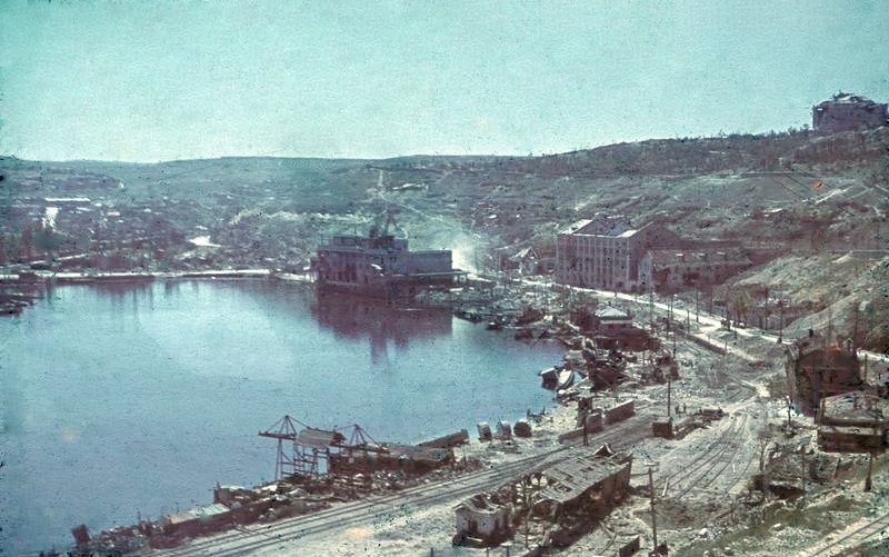 Destroyed harbor of Sevastopol during the siege of the city by axis forces in WW2.