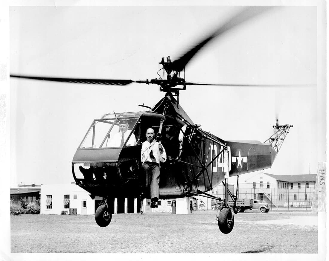 Original Caption: "Comdr. Frank A. Erickson, USCG &amp; Dr. Igor Sikorsky, Sikorsky Helicopter HNS-1 C.G. #39040."