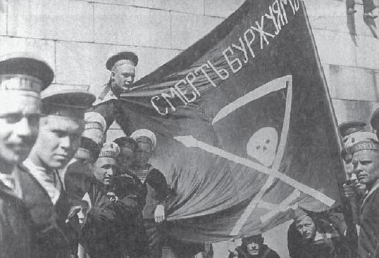 Revolutionary Russian sailors of Russian Imperial Navy battleship Petropavlovsk in Helsinki during summer 1917. Flag carries text "Death to the bourgeois".
