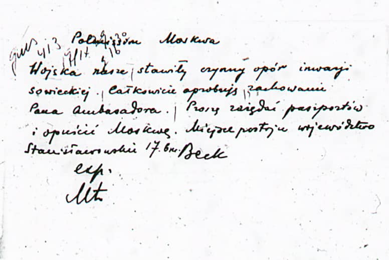 Instruction of Józef Beck, Polish minister of foreign affairs for Wacław Grzybowski, Polish ambassador to the Soviet Union according Soviet invasion of Poland 17.09.1939.