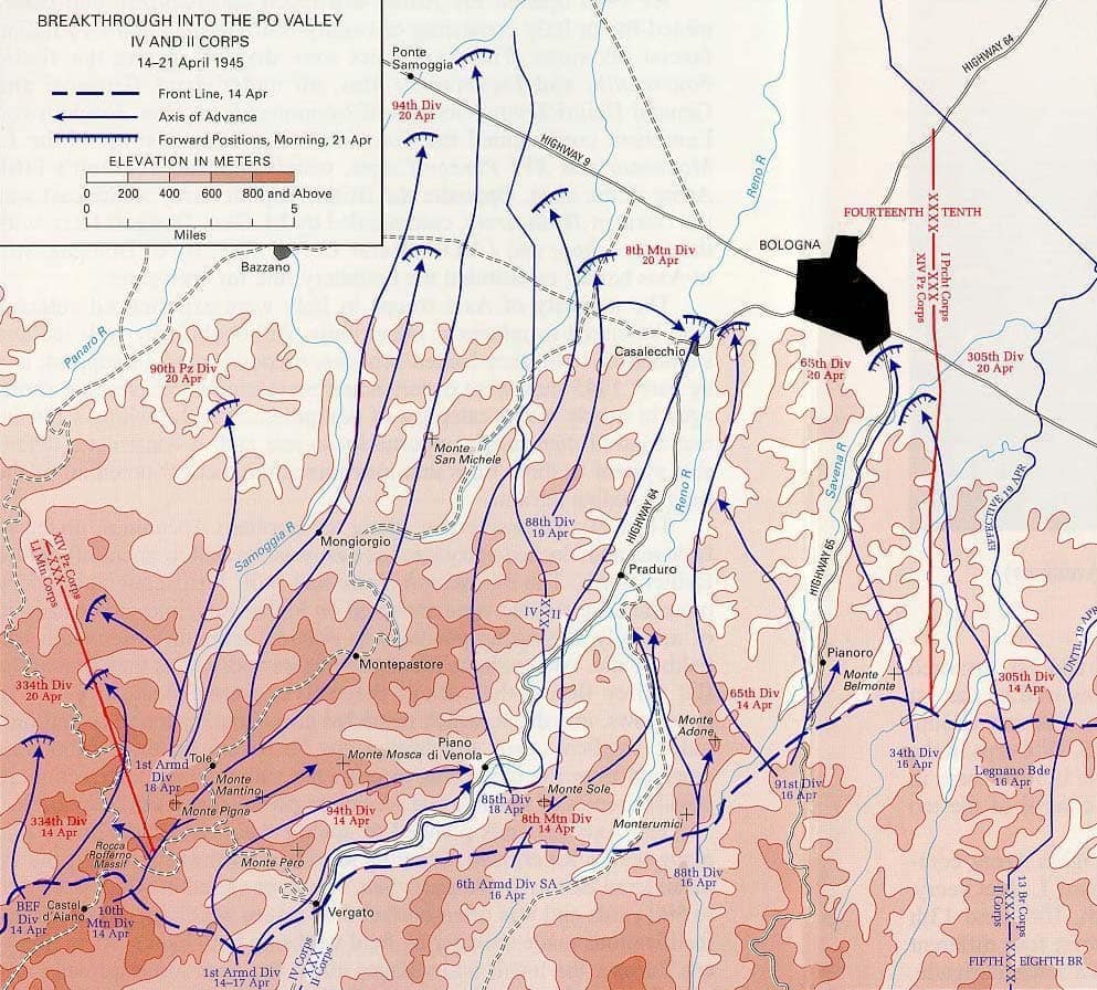 Map of US IV and II Corps breakthrough into the Po valley, April 1945
