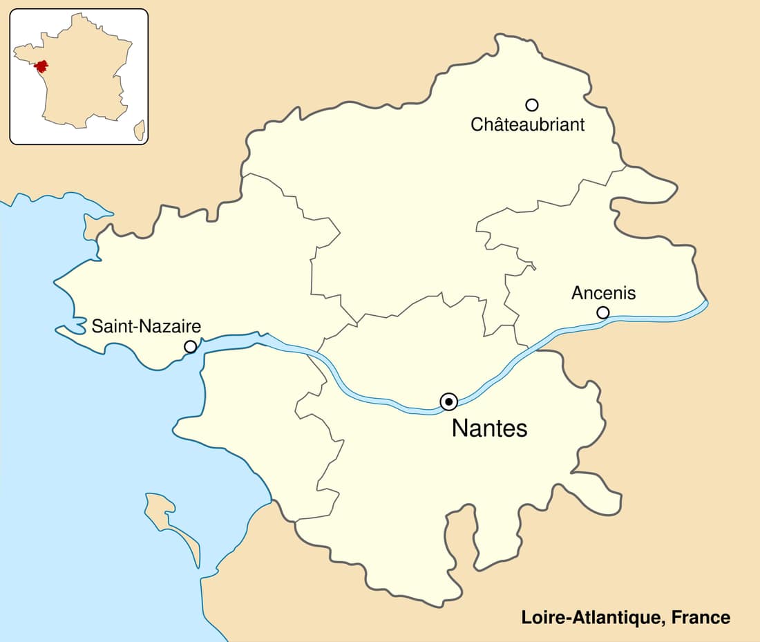 Colored map of department of Loire-Atlantique, France.