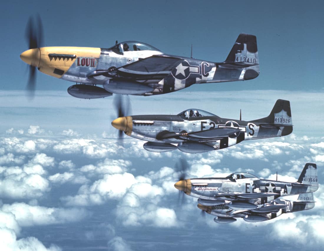 "The Bottisham Four", a famous photo showing four U.S. Army Air Force North American P-51 Mustang fighters from the 375th Fighter Squadron, 361st Fighter Group, from RAF Bottisham, Cambridgeshire (UK), in flight on 26 Ju