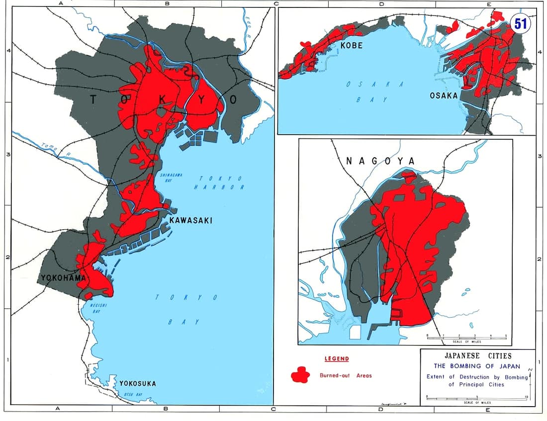 Maps showing the areas of Japan's principal cities destroyed by bombing during World War II