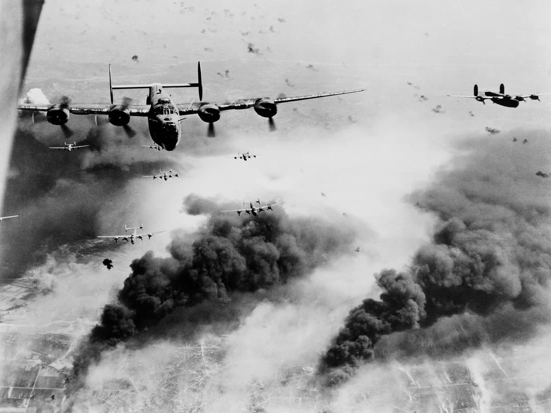 B-24 Liberator Through flak and over the destruction created by preceding waves of bombers, these 15th Air Force B-24s leave Ploesti, Rumania, after one of the long series of attacks against the No. 1 oil target in Europ