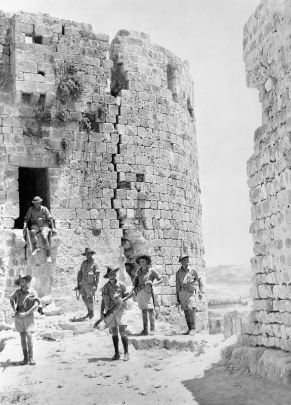 AUSTRALIAN FORCES IN LEBANON, 1941 Australian troops among the ruins of the old Crusader castle at Sidon, Lebanon.