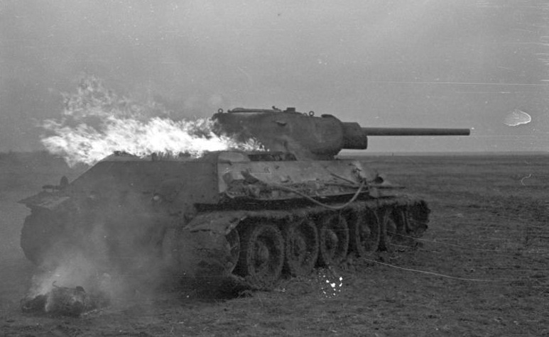 Russia. Burning T-34 tank, Russia 1941.