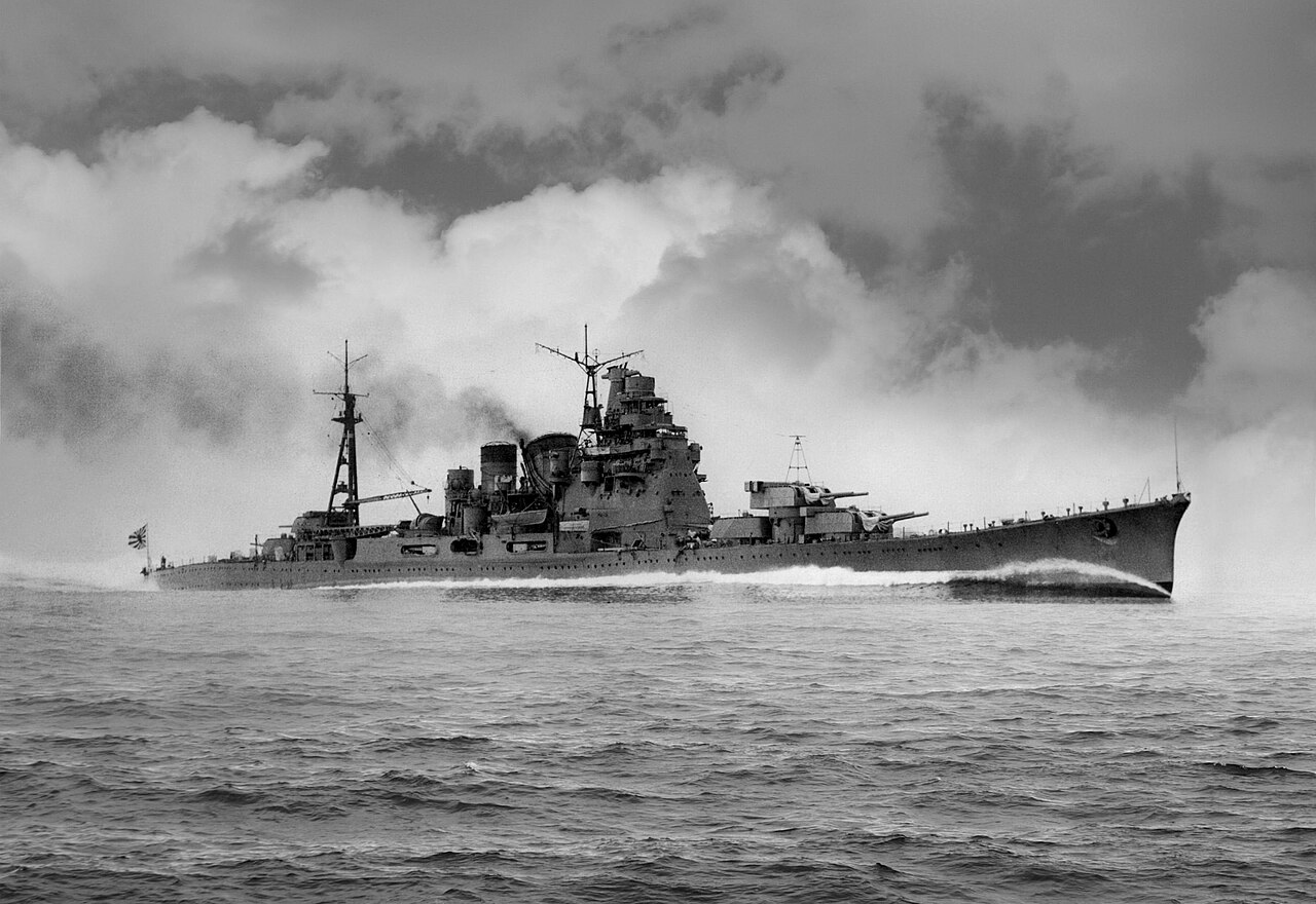 Takao, heavy cruiser of the Imperial Japanese Navy, on trial run off Tateyama, mouth of Tokyo Bay.