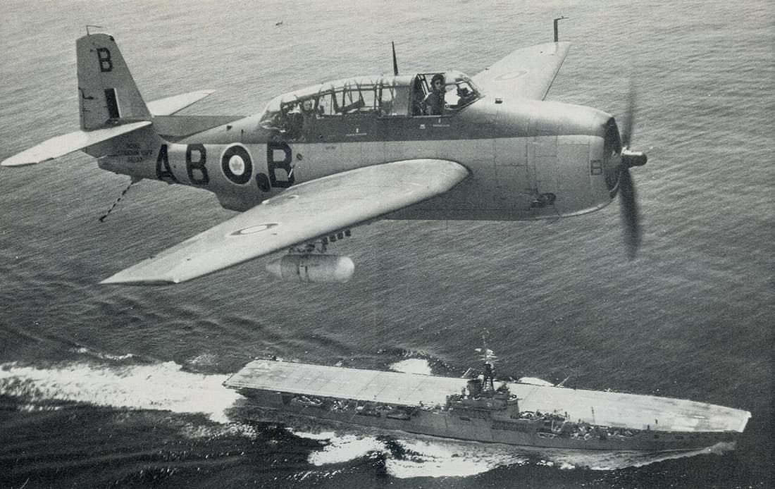 A General Motors A.S.4 Avenger drops its arresting hook and prepares to land aboard HMCS Magnificent. This one is technically still designated TBM-3E.