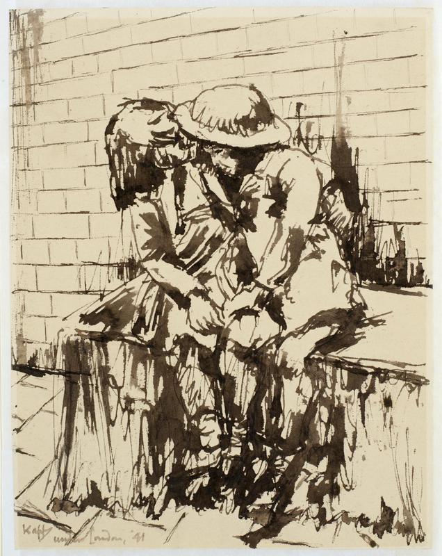 A boy and girl sitting on a bench sheltering in the London Underground during the Blitz of World War Two.