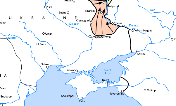 Cropped map showing for the Third Battle of Kharkov, based on :Image:Eastern Front 1943-02 to 1943-08.png.