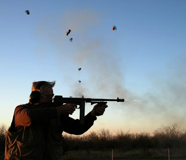 This is a 1928 Thompson owned by a retired United States Marshall. It is reasonably easy to control and keep on target at short to moderate ranges. Phillip Sharp could hit the standard Colt silhouette at 200 yards firing