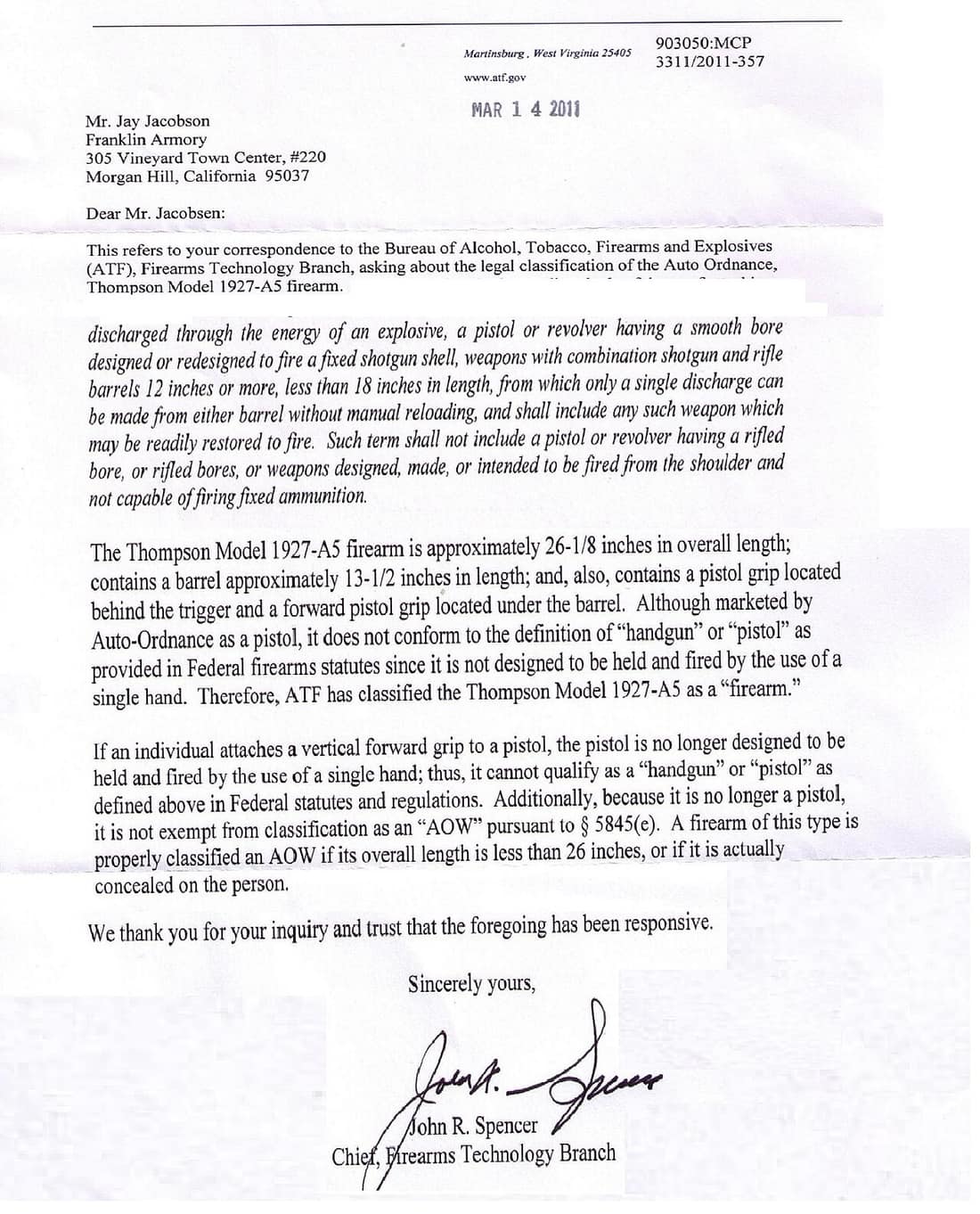 Auto-Ordnance 1927A5 DOJ/BATFE Firearm Classification Letter
