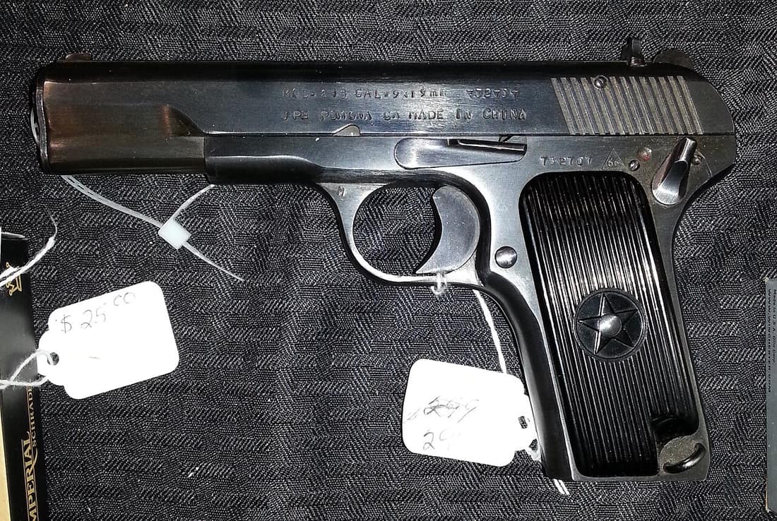This is a Norinco 213, a 9x19mm copy of the Soviet TT-33 Tokarev pistol. I snapped this picture at a gun show in Sioux Falls, South Dakota this February. I was considering picking one up, since the Tokarev has been on my