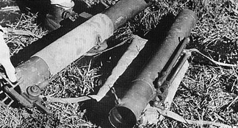 A Type 4 7 cm AT Rocket Launcher of the Imperial Japanese Army, disassembled, 1945