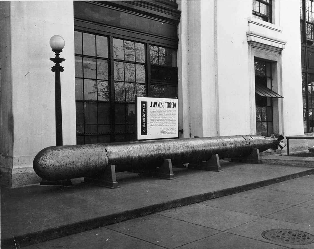 Japanese, Type 93, "Long Lance" torpedo, on display outside U.S. Navy headquarters in Washington, DC, during World War II. This torpedo was recovered from Point Cruz on Guadalcanal.