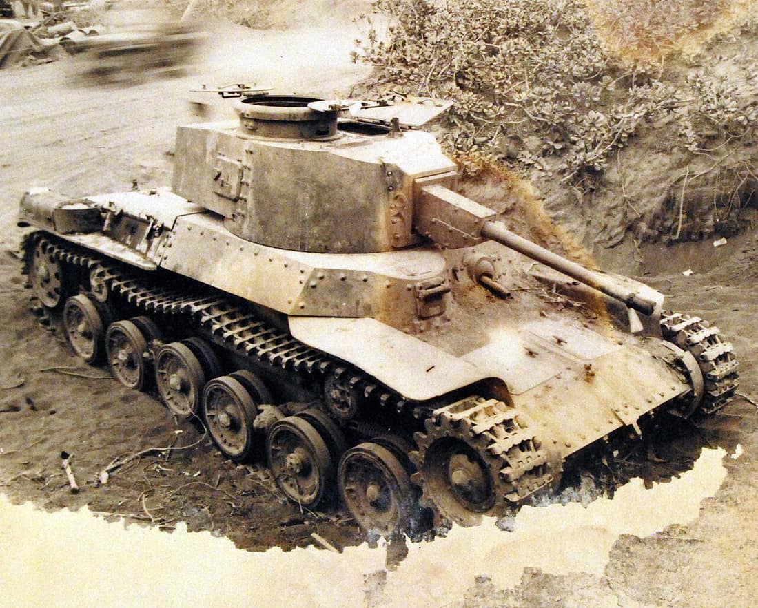 127-GW-304-142255: Battle for Iwo Jima, February-March 1945. ¾ view model 97 (1942 revision), Japanese medium tank. Photographed 1945. U.S. Marine Corps photograph, now in the collections of the National Archives. (2016/