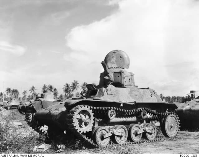 Imperial Japanese Army Type 97 Te-Ke tankette parked on the Gazelle peninsula in 1945. (RNZAF OFFICIAL PHOTOGRAPH.)