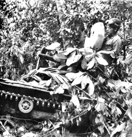 MALAYA, 1942-01-17. A JAPANESE TYPE 97 TANKETTE, CAMOUFLAGED BY LEAVES, IN THE GEMAS AREA DURING THE INVASION OF THE MALAYAN PENINSULA.