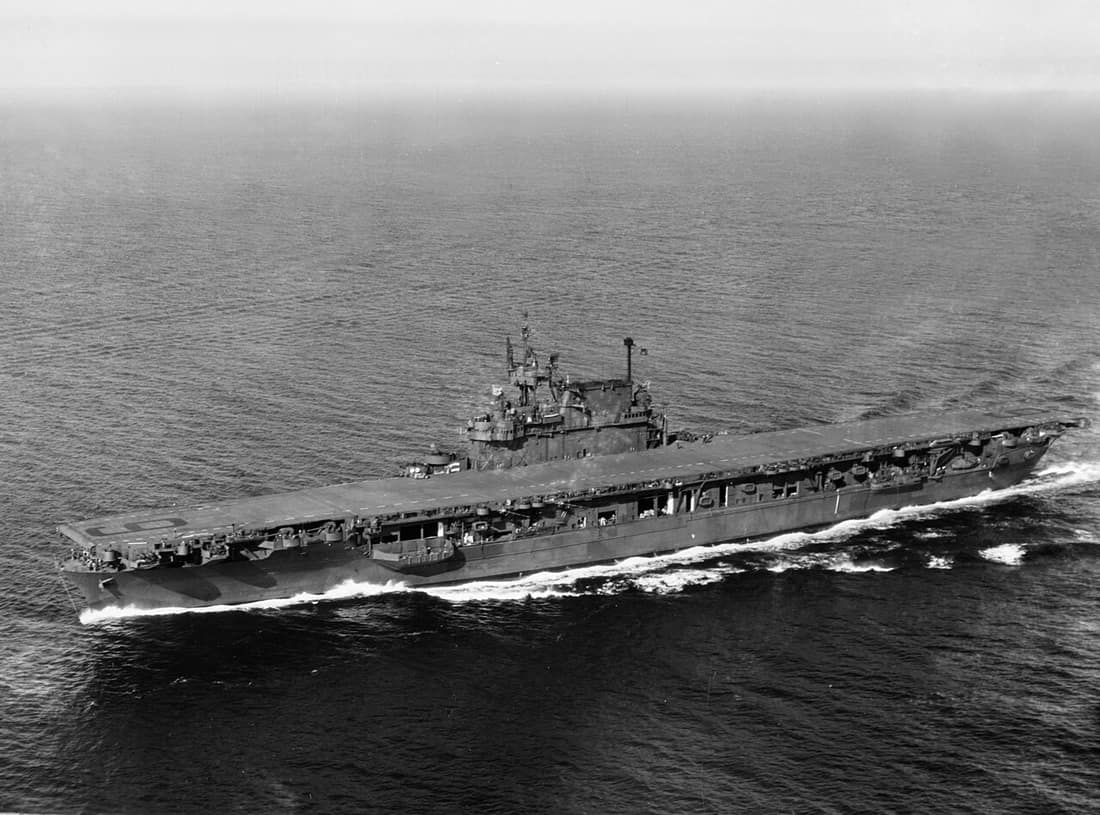 The U.S. Navy aircraft carrier USS Enterprise (CV-6) making 20 knots during post-overhaul trials in Puget Sound, Washington (USA), on 13 September 1945.