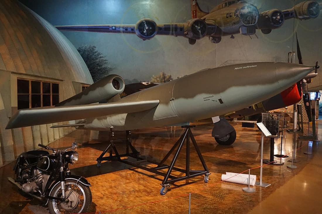 A V-1 flying bomb on display at the Air Zoo at Kalamazoo/Battle Creek International Airport in Portage, Michigan (United States).