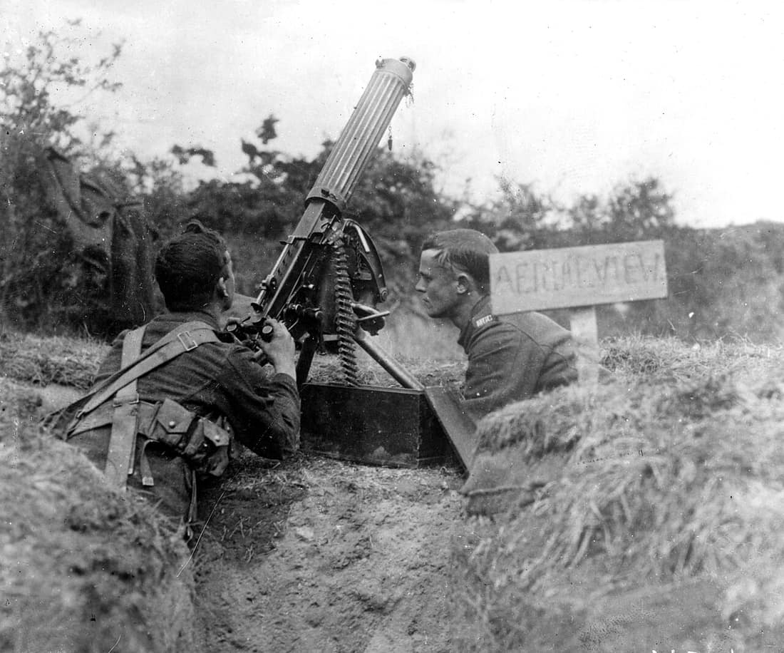 British Vickers machine gun, shown set up for anti-aircraft purposes. Photographed circa 1914-1918. Original image cropped and clean up somewhat.