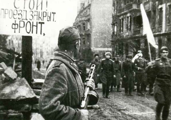 Delegation of German Wehrmacht officers holding surrender flags to negotiation talks towards the end of World War II in the European Theatre of War