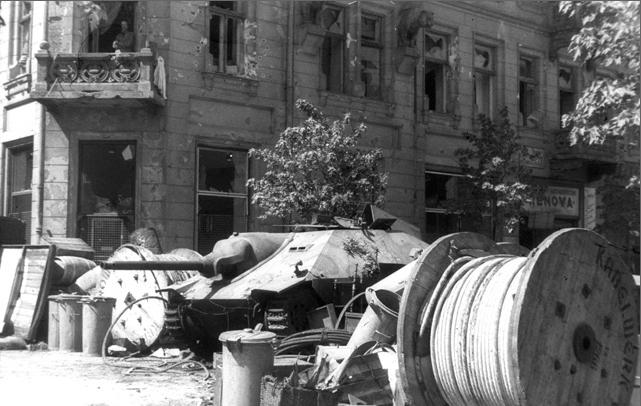 Warsaw Uprising - Polish barricade on the Napoleon Square build around German Jagdpanzer 38(t) "Hetzer" tank destroyer captured by the Home Army. See also Image:Uprising Barykady.png for a map showing location of several