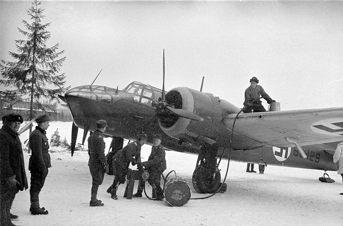 Bl-129, a Bristol Blenheim Mk. IV bomber of the No. 44 Squadron, refueling at its air base at Luonet Lake in Tikkakoski