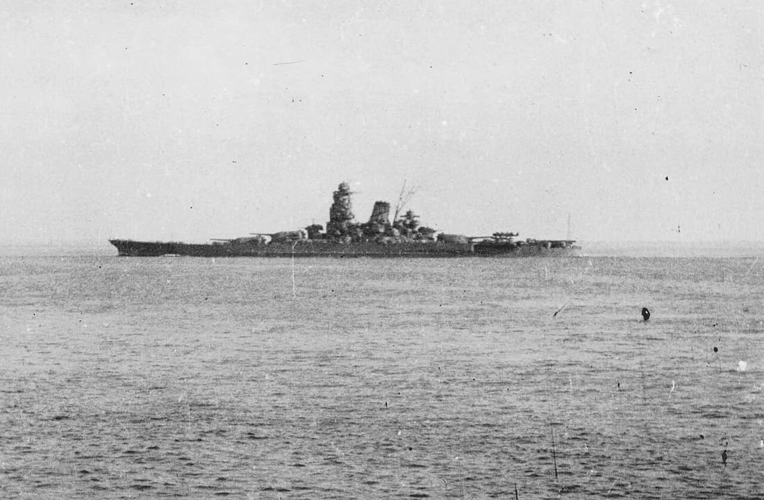 The Japanese battleship Musashi leaving Brunei, Borneo, in 1944, possibly on 22 October, when she departed to take part in the Battle of Leyte Gulf. Photographed by Japanese sailor Tobei Shiraishi from the destroyer Isok
