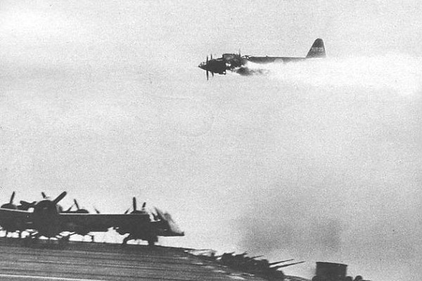 Yokosuka P1Y "Frances" shot down next to USS Ommaney Bay (CVE-79) by 0945 on December 15, 1944. (USS Natoma Bay (CVE-62) Logbook Project)