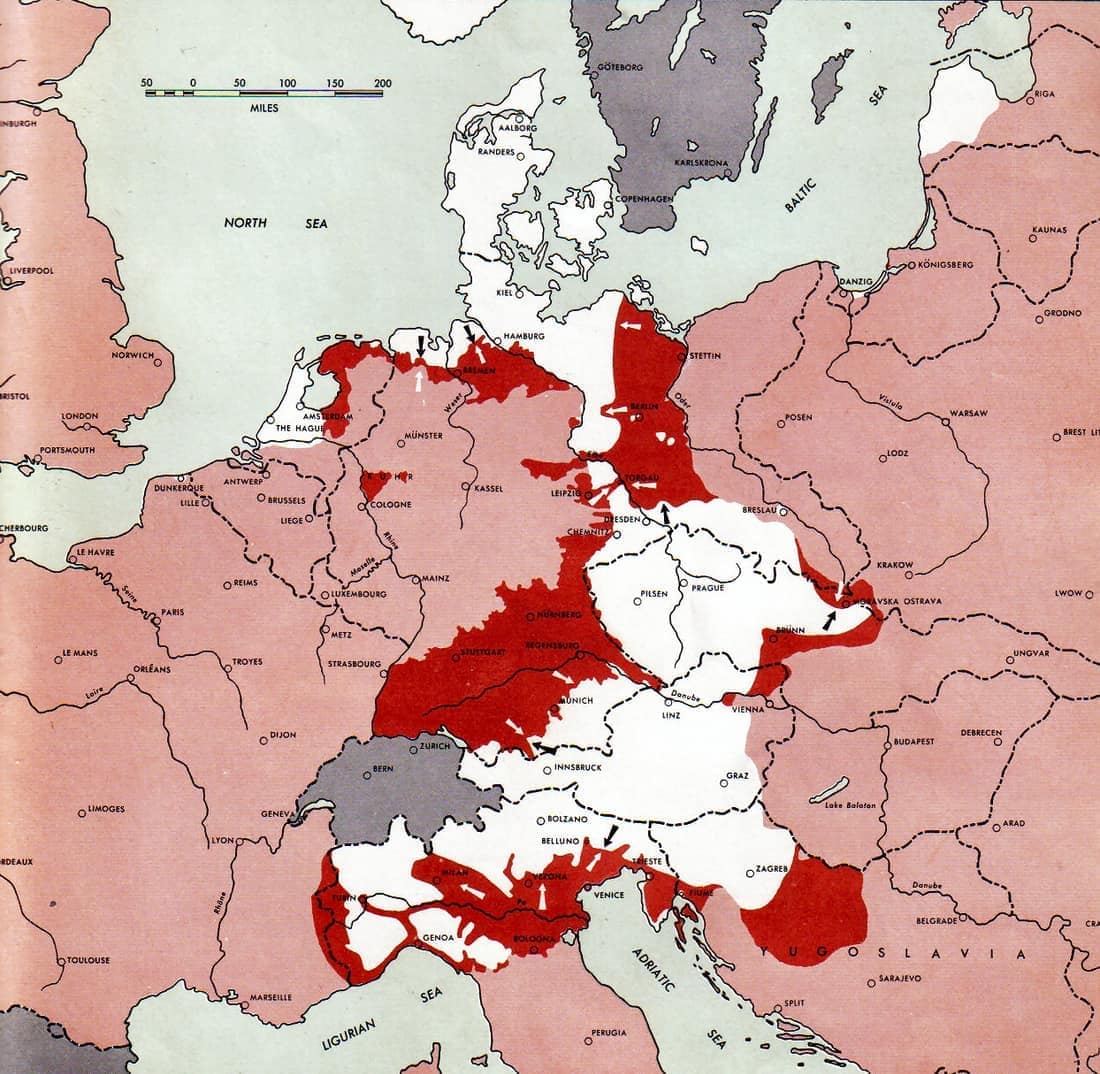 Neutral nations (Sweden, Switzerland, Spain, etc.) Under Allied control Allied forces Axis forces Map of the front against Germany: This map is taken from the source "Atlas of the World Battle Fronts in Semimonthly Phase